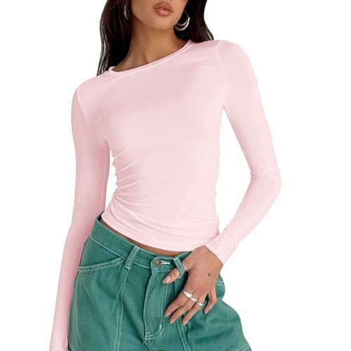 Solutra Basic Langarmshirt Damen Eng Crop Top Langarm Skims Dupe Oberteile Damen Sexy Y2K Tshirt, Damen Langarmshirt Casual Rundhals Teenager Streetwear (Rosa,S) von Solutra