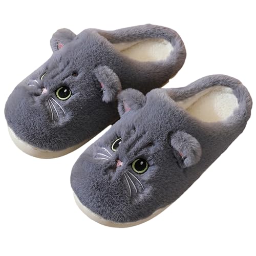 Solutra Katzen Hausschuhe Damen Winter Warme Plüsch Hausschuhe Damen Herren Pantoffeln Damen kinder Kawaii Weiche Slippers (Grau Neu,35/36 EU) von Solutra