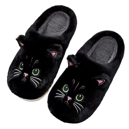 Solutra Katzen Hausschuhe Damen Winter Warme Plüsch Hausschuhe Damen Herren Pantoffeln Damen kinder Kawaii Weiche Slippers (Schwarz Neu,35/36 EU) von Solutra