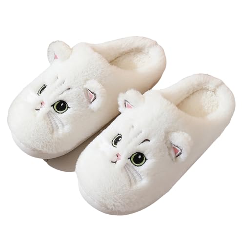 Solutra Katzen Hausschuhe Damen Winter Warme Plüsch Hausschuhe Damen Herren Pantoffeln Damen kinder Kawaii Weiche Slippers (Weiß Neu,35/36 EU) von Solutra