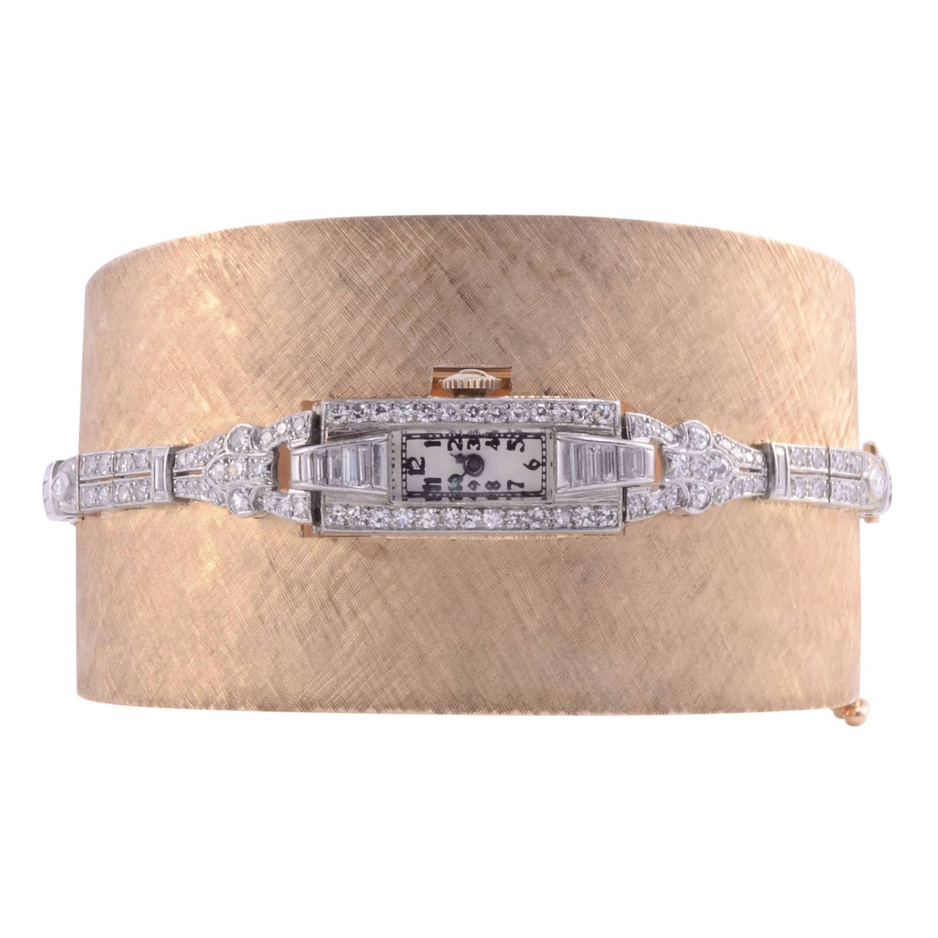 Platin Gold & Diamant Manschette Armband Armbanduhr von SolvangAntiques
