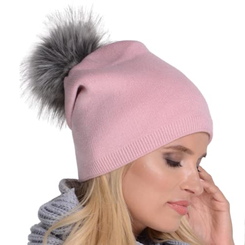 Solvera_Ltd Damen Mütze Winter, Herbst Beanie mit großem Kunstfellbommel, Frauen Beany Strickmütze Elegante Wintermütze mit Bommel Grau Dunkelgrau Beige Blau Rosa (Rosa) von Solvera_Ltd