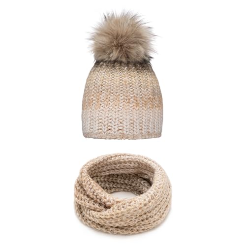Solvera_Ltd Damen Set für Winter Warme Strickmütze, Wintermütze & Loop mit großer Kunstfell Bommel, Gefütterte Warme Weiche Strickset Beanie mit Fellbommel + Schlauchschal, Einheitsgröße (Beige) von Solvera_Ltd