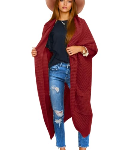 Solvera_Ltd Strickjacke Damen Langarm Lang Oversize Grobstrick Asymmetrisch Cardigan Open Front Sweater Herbst Winter Strickardigan mit Taschen One Size (Weinfarben) von Solvera_Ltd