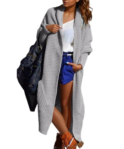 Strickjacke Damen Langarm Lang Oversize Grobstrick Asymmetrisch Cardigan Open Front Sweater Herbst Winter Strickardigan mit Taschen One Size (Grau) von Solvera_Ltd