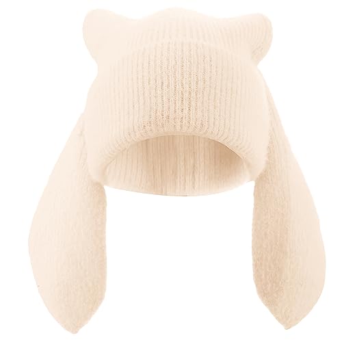 Bunny Beanie Hüte für Frauen Niedliche Kaninchen Beanie Häkeln Hüte Winter Cap Warme Skull Cap Outdoor Ski Slouchy, Beige, Einheitsgröße von Solyinne