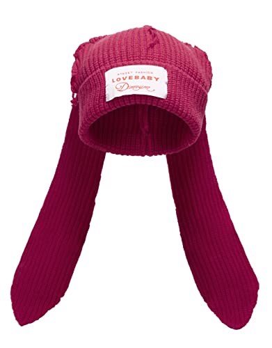Solyinne Knit Beanie Hüte Niedliche Häschen Lange Ohren Lustige Mütze Flauschige Winter Cap Warme Strick Kaninchen Häkeln Schädel Kappe Outdoor Slouchy Hut, Rosered, Einheitsgröße von Solyinne