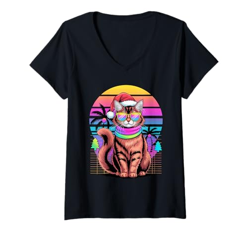 Damen Christmas Synthwave Somali Cat Sunglasses Somalis Fox Cats T-Shirt mit V-Ausschnitt Damen Christmas Synthwave Somali Cat Sunglasses Somalis Fox Cats T-Shirt mit V-Ausschnitt von Somali Cat Lover Gifts