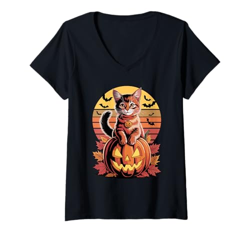 Damen Halloween Retro Somali Cat Somalis Fox Cats T-Shirt mit V-Ausschnitt Damen Halloween Retro Somali Cat Somalis Fox Cats T-Shirt mit V-Ausschnitt von Somali Cat Lover Gifts