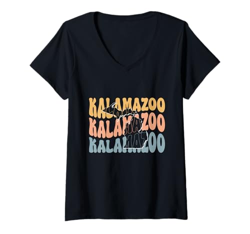 Damen Kalamazoo Michigan MI Vintage-Text im Retro-Look, grooviger, bunter Text T-Shirt mit V-Ausschnitt von Some Outfits For You Today