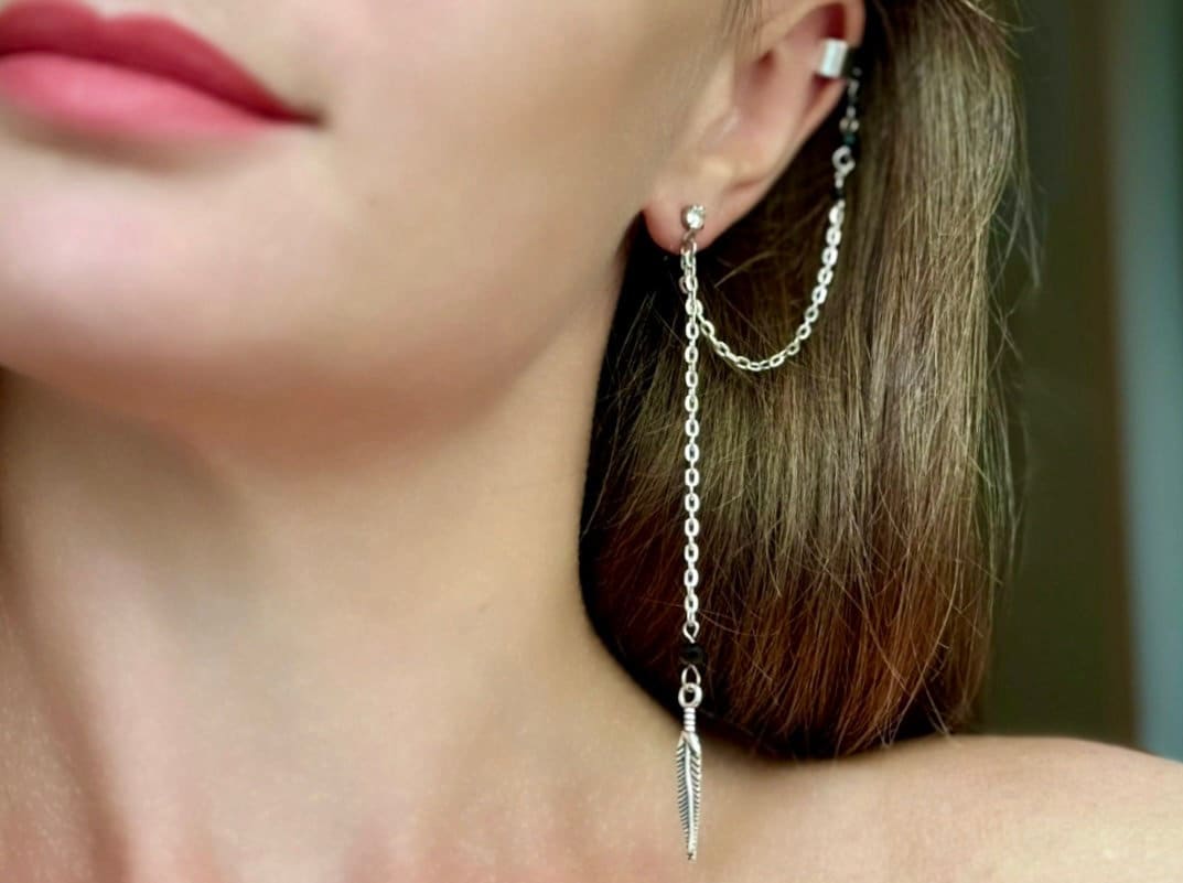 Silber Ohr Manschetten Ohrringe, Kein Piercing Kletterer, Baumeln Feder Ohrringe Für Frauen, Fake Lange Kette Wrap, Zarter Schmuck Frau von SomeBijoux4You