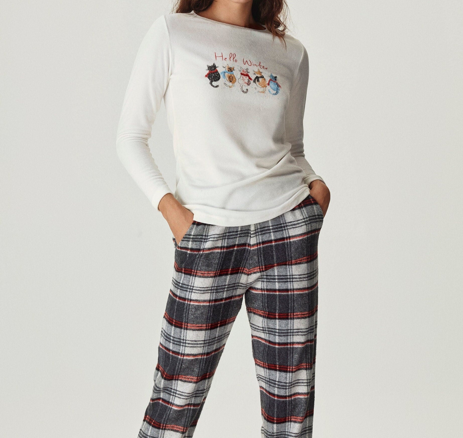 Baumwolle Pyjamas Frauen Warme Loungewear, Gemütliches Lounge-Set, Süße Nachtwäsche Karierte Pj Hose, Katze Patten Set, Bequemes Pjs von SomeMoreDesign