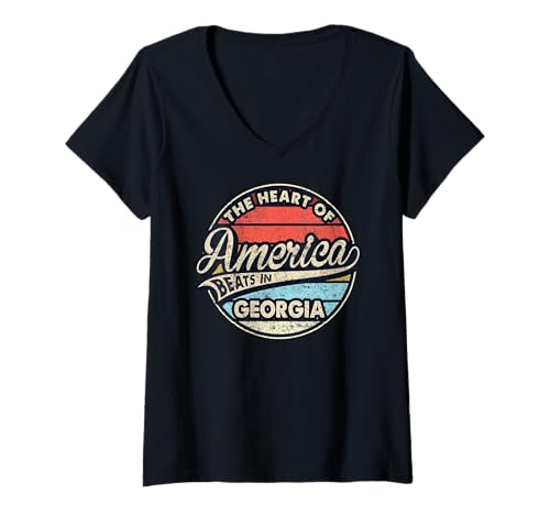 Damen Das Herz Amerikas schlägt im Retro-Bundesstaat Georgia T-Shirt mit V-Ausschnitt von Someone Loves Me In US State Of Georgia