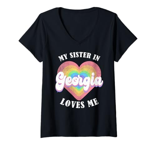 Damen Meine Schwester in Georgia liebt Mich Heart Retro Groovy USA T-Shirt mit V-Ausschnitt Damen Meine Schwester in Georgia liebt Mich Heart Retro Groovy USA T-Shirt mit V-Ausschnitt von Someone Loves Me In US State Of Georgia
