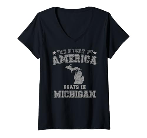 Damen Das Herz Amerikas schlägt in Michigan, US-Bundesstaat, USA T-Shirt mit V-Ausschnitt von Someone Loves Me In US State Of Michigan