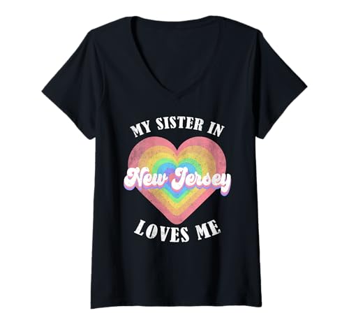 Damen Meine Schwester in New Jersey liebt Mich Heart Retro Groovy USA T-Shirt mit V-Ausschnitt Damen Meine Schwester in New Jersey liebt Mich Heart Retro Groovy USA T-Shirt mit V-Ausschnitt von Someone Loves Me In US State Of New Jersey