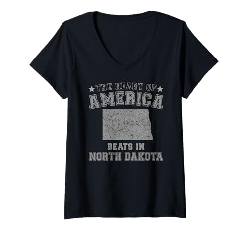 Damen Das Herz Amerikas schlägt in North Dakota, US-Bundesstaat, USA T-Shirt mit V-Ausschnitt von Someone Loves Me In US State Of North Dakota