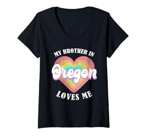 Damen Mein Bruder in Oregon liebt Mich am Herzen, USA, US-Bundesstaat T-Shirt mit V-Ausschnitt von Someone Loves Me In US State Of Oregon
