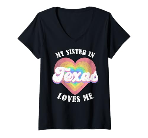Damen Meine Schwester in Texas liebt Mich Heart Retro Groovy USA T-Shirt mit V-Ausschnitt von Someone Loves Me In US State Of Texas