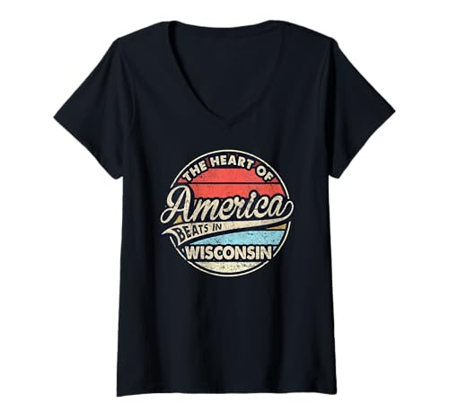 Damen Das Herz Amerikas schlägt im Retro-Bundesstaat Wisconsin T-Shirt mit V-Ausschnitt von Someone Loves Me In US State Of Wisconsin