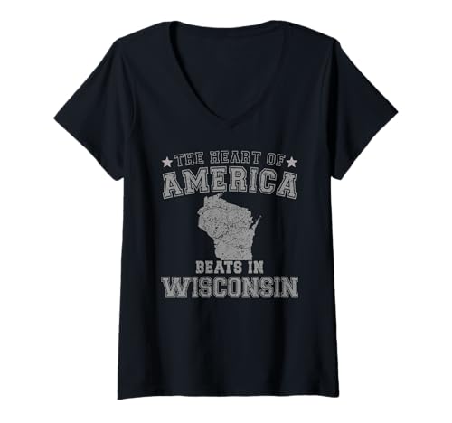 Damen Das Herz Amerikas schlägt in Wisconsin, US-Bundesstaat, USA T-Shirt mit V-Ausschnitt von Someone Loves Me In US State Of Wisconsin