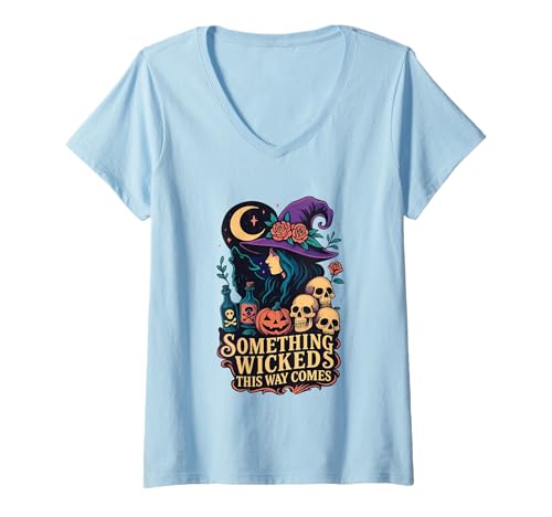 Damen Etwas Böses kommt auf Diese Weise: Witch Moon Skulls T-Shirt mit V-Ausschnitt Damen Etwas Böses kommt auf Diese Weise: Witch Moon Skulls T-Shirt mit V-Ausschnitt von Something Wicked Halloween Witch Moon Magic Skulls
