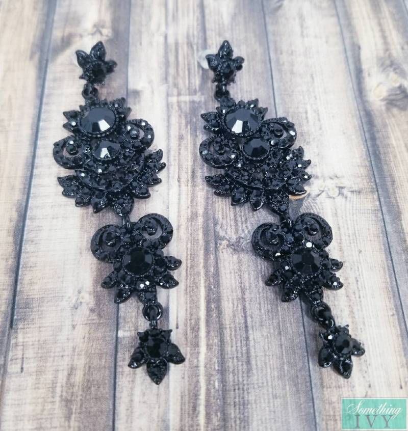 3.5 "- Schwarze Tropfen Ohrringe - Chandelier Strass Durchbohrt von SomethingIvy