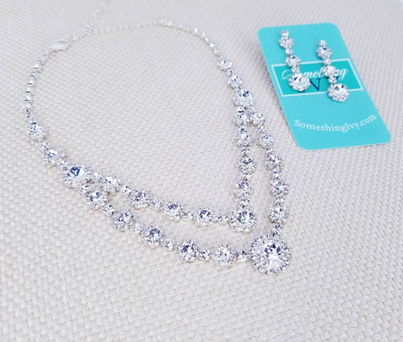 Zweireihige Silber-Kristall-Halsketten-Set Mit Passenden Ohrhängern - Hochzeits-Halskette Damen-Halsketten-Set Kristall-Halsketten-Set von SomethingIvy