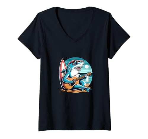 Damen Cooler Hai Mit Gitarre Am Strand Surfen Sonne Wellen T-Shirt mit V-Ausschnitt Damen Cooler Hai Mit Gitarre Am Strand Surfen Sonne Wellen T-Shirt mit V-Ausschnitt von Sommer Hai Surfer Strand Gitarre Wellen Sonne