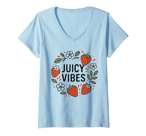 Damen Erdbeeren Juicy Vibes Design Süße Sommer Früchte Motiv T-Shirt mit V-Ausschnitt Damen Erdbeeren Juicy Vibes Design Süße Sommer Früchte Motiv T-Shirt mit V-Ausschnitt von Sommer Laune Designs by Christine-Krahl