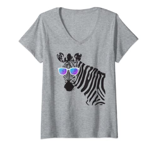Damen Sonnenbrillen Zebra Shirt Witziges Hipster Zebra T-Shirt mit V-Ausschnitt von Sommer Party Zebra mit Sonnenbrille
