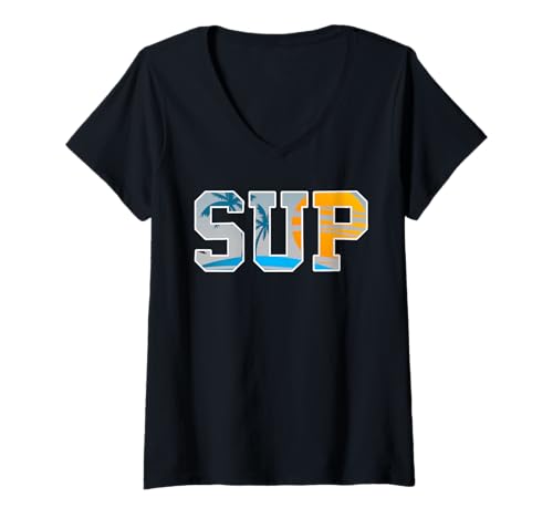 Damen SUP Stehpaddeln Strand Sonne Surf Spaß Fan T-Shirt mit V-Ausschnitt von Sommer Wasser Sonnenuntergang Strandlust Fan