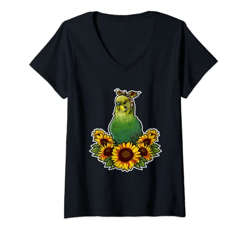 Damen Wellensittich Geschenk Sonnenblumen Dekor Wellensittich T-Shirt mit V-Ausschnitt von Sommer Wellensittich Züchter Geschenkidee