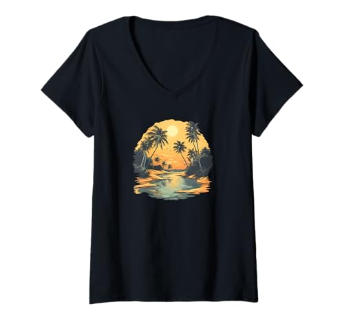 Damen Sonnenuntergang Strand Palmen Tropisches Oasen T-Shirt mit V-Ausschnitt Damen Sonnenuntergang Strand Palmen Tropisches Oasen T-Shirt mit V-Ausschnitt von Sommer und Strandurlaub Designs