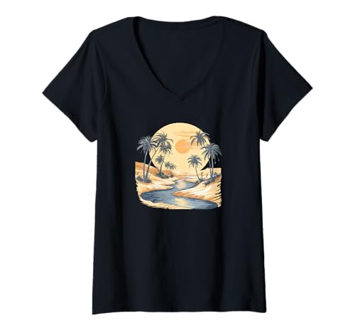 Damen Sonnenuntergang am Strand mit Palmen Tropisches T-Shirt mit V-Ausschnitt Damen Sonnenuntergang am Strand mit Palmen Tropisches T-Shirt mit V-Ausschnitt von Sommer und Strandurlaub Designs
