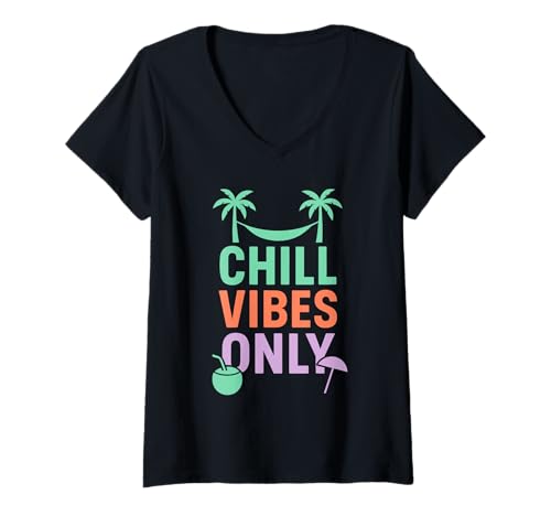 Damen Chill Vibes Only - Sommer mit Hängematte und Palme T-Shirt mit V-Ausschnitt Damen Chill Vibes Only - Sommer mit Hängematte und Palme T-Shirt mit V-Ausschnitt von Sommergefühle Club