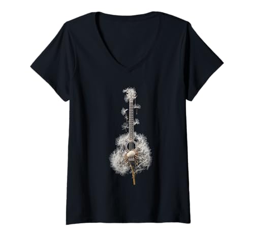 Damen Pusteblumen Gitarre Musiker Gitarristen T-Shirt mit V-Ausschnitt Damen Pusteblumen Gitarre Musiker Gitarristen T-Shirt mit V-Ausschnitt von Sommerklang Gitarren Instrumente Designs