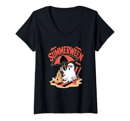 Damen Geist Summerween Sandburg Strand Halloween Sommer Grusel Fun T-Shirt mit V-Ausschnitt Damen Geist Summerween Sandburg Strand Halloween Sommer Grusel Fun T-Shirt mit V-Ausschnitt von Sommerliche Halloween Vibes Strand Skelett Geist