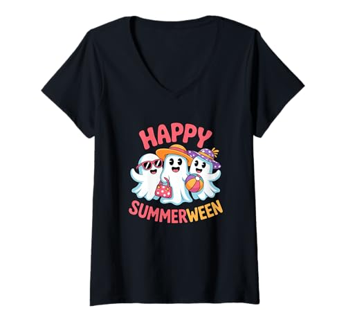 Damen Happy Summerween Skelett Strand Halloween Sommer Grusel Fun T-Shirt mit V-Ausschnitt Damen Happy Summerween Skelett Strand Halloween Sommer Grusel Fun T-Shirt mit V-Ausschnitt von Sommerliche Halloween Vibes Strand Skelett Geist