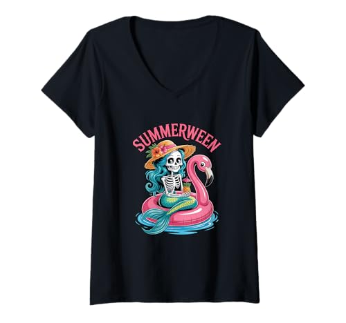 Damen Meerjungfrau Summerween Skelett Halloween Sommer Grusel T-Shirt mit V-Ausschnitt Damen Meerjungfrau Summerween Skelett Halloween Sommer Grusel T-Shirt mit V-Ausschnitt von Sommerliche Halloween Vibes Strand Skelett Geist