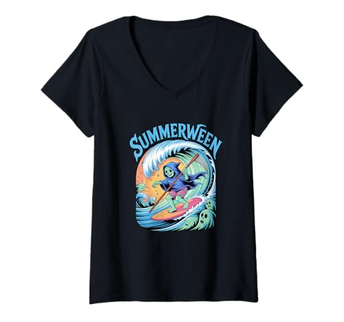 Damen Summerween Surfer Geist Strand Halloween Sommer Grusel Fun T-Shirt mit V-Ausschnitt Damen Summerween Surfer Geist Strand Halloween Sommer Grusel Fun T-Shirt mit V-Ausschnitt von Sommerliche Halloween Vibes Strand Skelett Geist