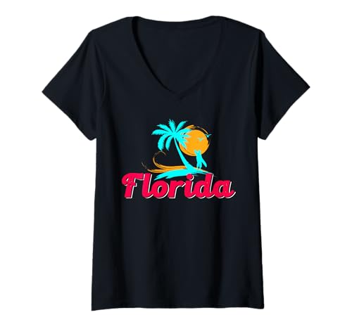 Damen Florida Surfer Sonnenuntergang Palmen Meeresträume T-Shirt mit V-Ausschnitt Damen Florida Surfer Sonnenuntergang Palmen Meeresträume T-Shirt mit V-Ausschnitt von Sommerurlaub Küste Surfen Urlaubslust