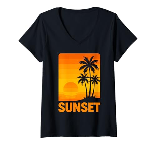 Damen Sunset Palm Silhouette Retro Orange Tropischer Urlaub T-Shirt mit V-Ausschnitt Damen Sunset Palm Silhouette Retro Orange Tropischer Urlaub T-Shirt mit V-Ausschnitt von Sommerurlaub Strand Sunset Palmen SUNSET