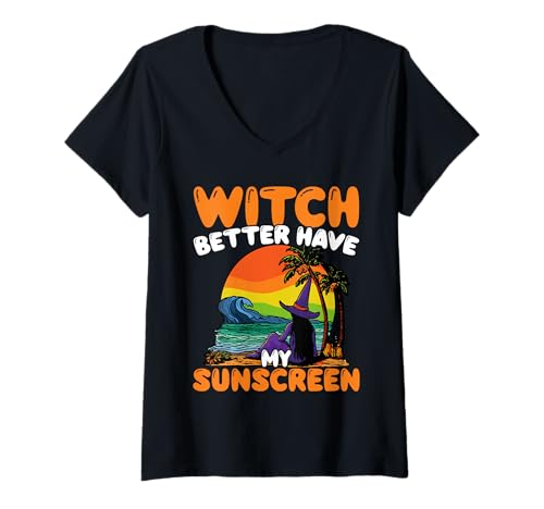 Damen Fröhlichen Sommerween Sommer Halloween Hexe T-Shirt mit V-Ausschnitt Damen Fröhlichen Sommerween Sommer Halloween Hexe T-Shirt mit V-Ausschnitt von Sommerween Halloween Sommerkostüm