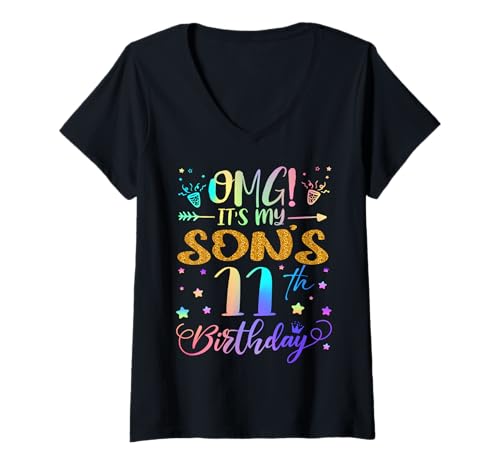 Damen OMG Es ist der 11. Geburtstag meines Sohnes Sweet 11 Jahre alt T-Shirt mit V-Ausschnitt von Son 11th Bday Tie Dye Mommy Daddy