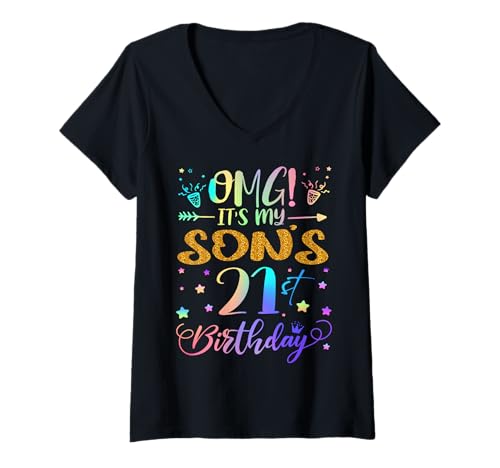 Damen OMG Es ist der 21. Geburtstag meines Sohnes Sweet 21 Jahre alt T-Shirt mit V-Ausschnitt von Son 21st Bday Tie Dye Mommy Daddy