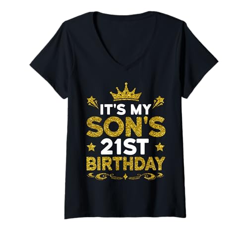 Damen Es ist der 21. Geburtstag meines Sohnes. Herzlichen Glückwunsch zum Geburtstag 21 Jahre T-Shirt mit V-Ausschnitt von Son 21st Birthday Gift From Mom Dad 2025