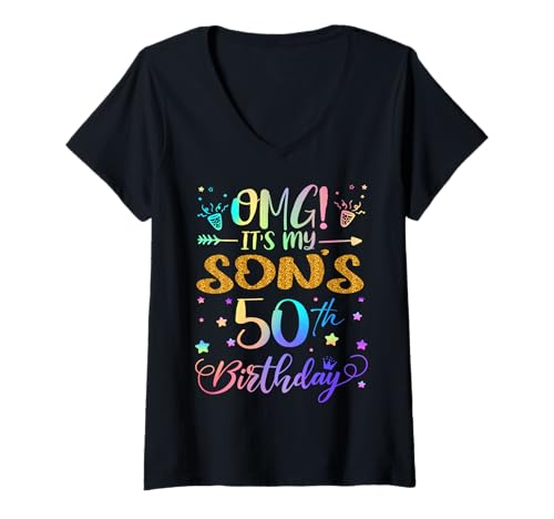 Damen OMG Es ist der 50. Geburtstag meines Sohnes Sweet 50 Jahre alt T-Shirt mit V-Ausschnitt von Son 50th Bday Tie Dye Mommy Daddy
