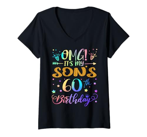 Damen OMG Es ist der 60. Geburtstag meines Sohnes Sweet 60 Jahre alt T-Shirt mit V-Ausschnitt von Son 60th Bday Tie Dye Mommy Daddy