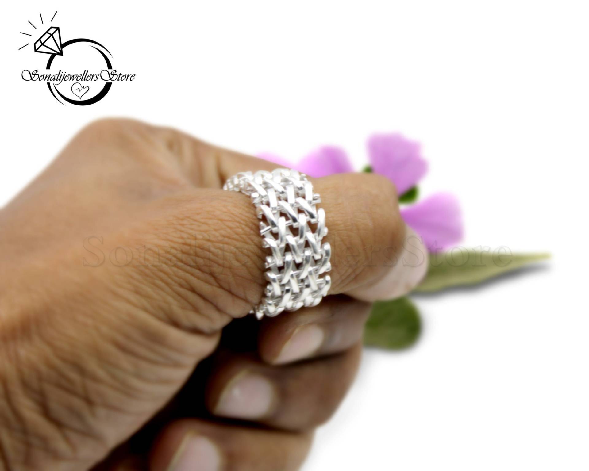 Mesh-Ring, Flexibler Ring, 925 Sterling Silber Handgefertigter Ring Für Frau Und Männer, Perlenring, Saatperlen-Breitbandring von SonalijewellersStore